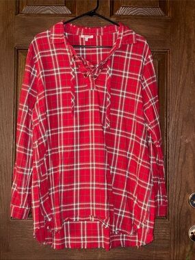 Joey Red Plaid Lace-Up Collared Tunic